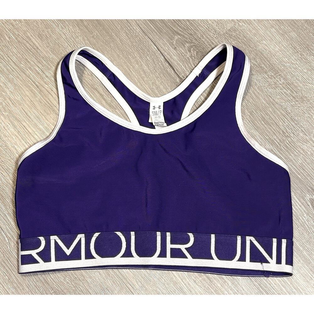 Under Armour Heat Gear Purple White‎ Sports Bra Size Small 30-32 Light Support